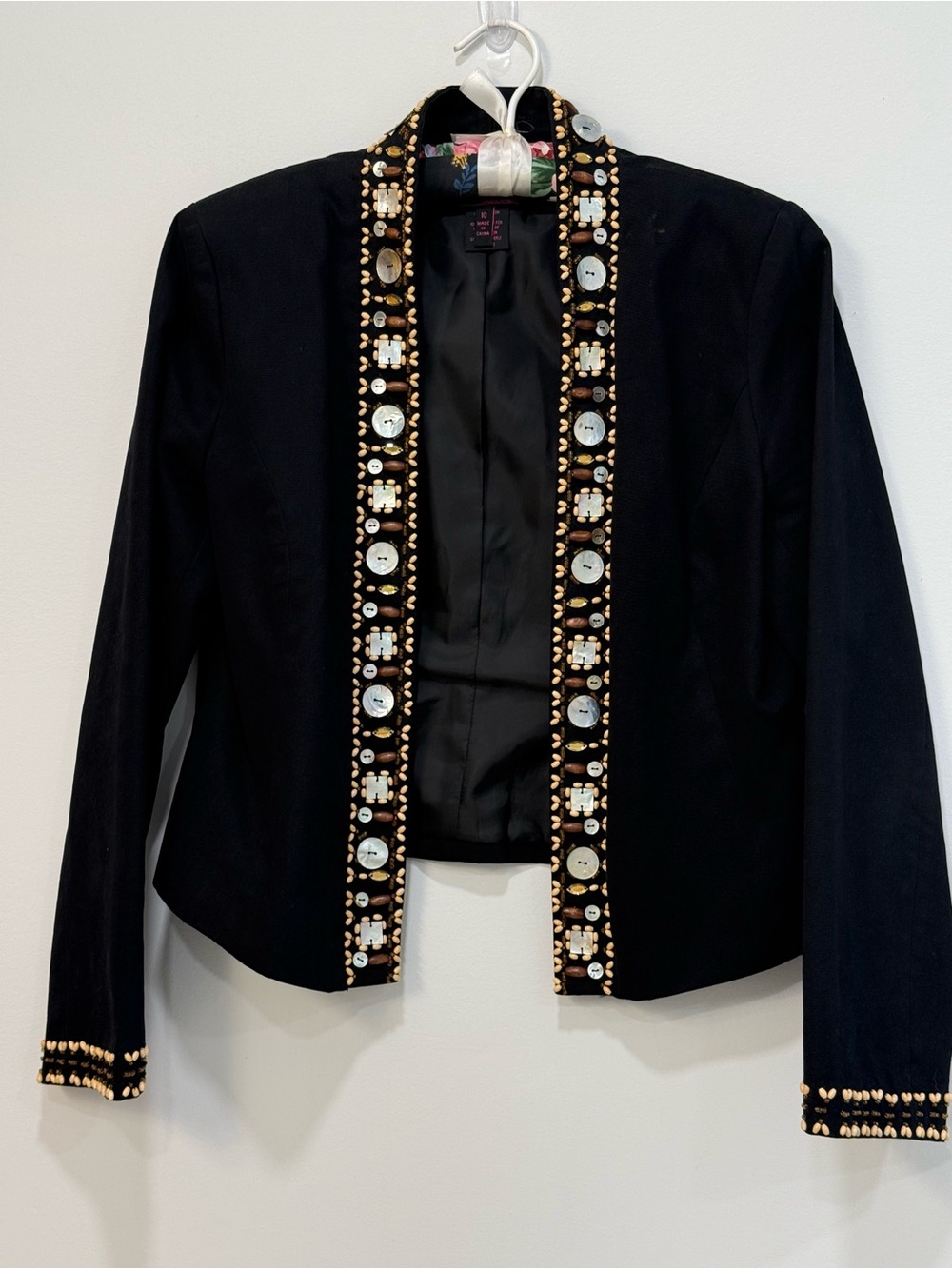 Vintage Willi Smith Cropped Black Embellished Open-Front Jacket size 10 Retro